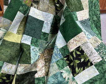 Green Patchwork Unfinished Quilt Top, 55" x 68", Lap or Throw Size