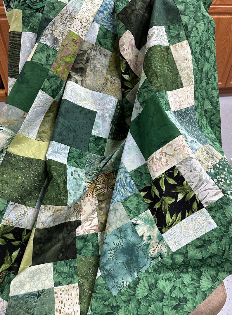 Green Patchwork Unfinished Quilt Top, 55 x 68, Lap or Throw Size image 1