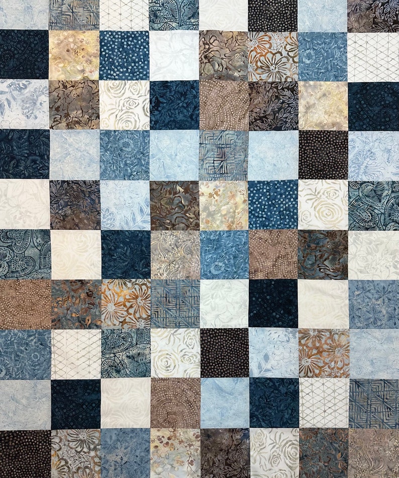 Handmade Quilt Top in Blues and Browns, 36 x 45, Ready to Finish image 2