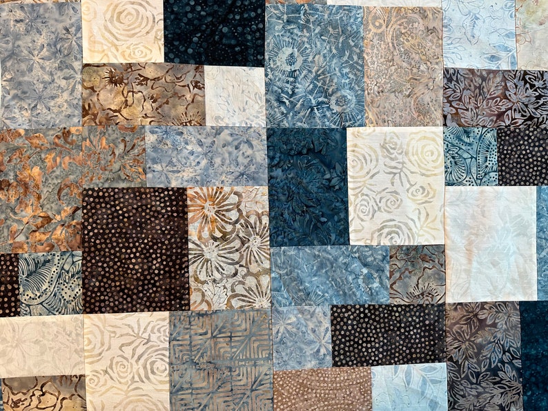 Queen Size Quilt Top, Blue Brown Batik Fabrics, 81 x 90, Unfinished Quilt Top image 10