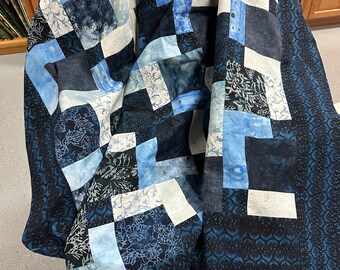 Unfinished Batik Quilt Top in Shades of Blue, 55" x 68", Ready to Finish, Lap Quilt