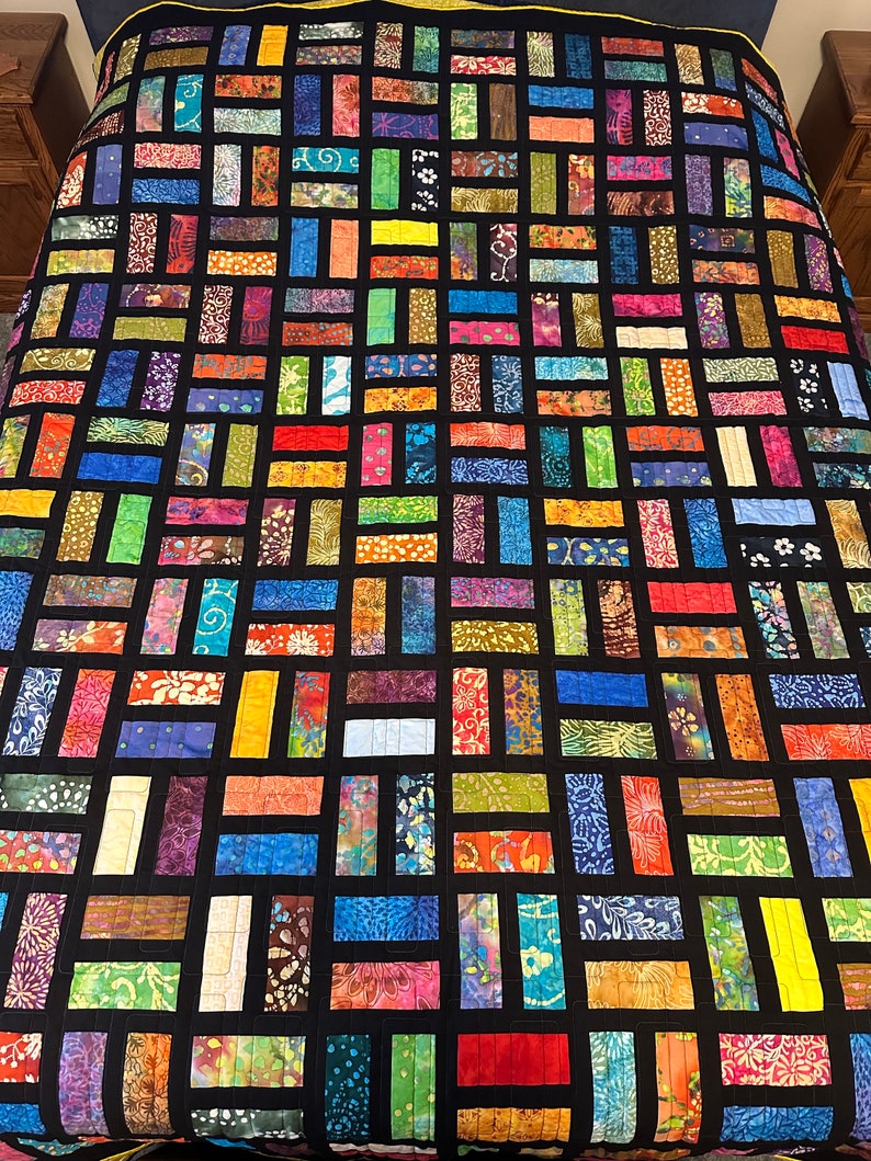 Handmade Full Size Quilt in Bold Multi-Color Batiks, 78 x 90, Homemade Quilts For Sale image 10
