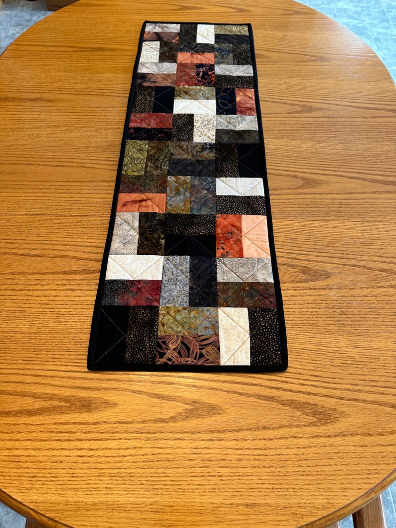 Quilted Table Runner, 12" x 40", Black Brown & Cream, Handmade Runner, Table Decor Centerpiece, Home Decor