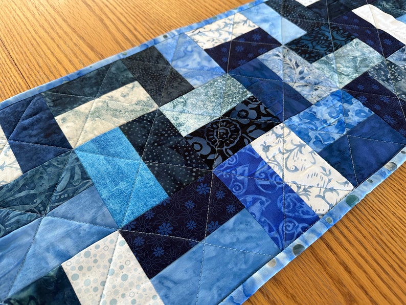 Quilted Table Runner, Blue, 12" x 40", Handmade Custom Table Runner, Housewarming Gift, Home Decor, Kitchen Decor