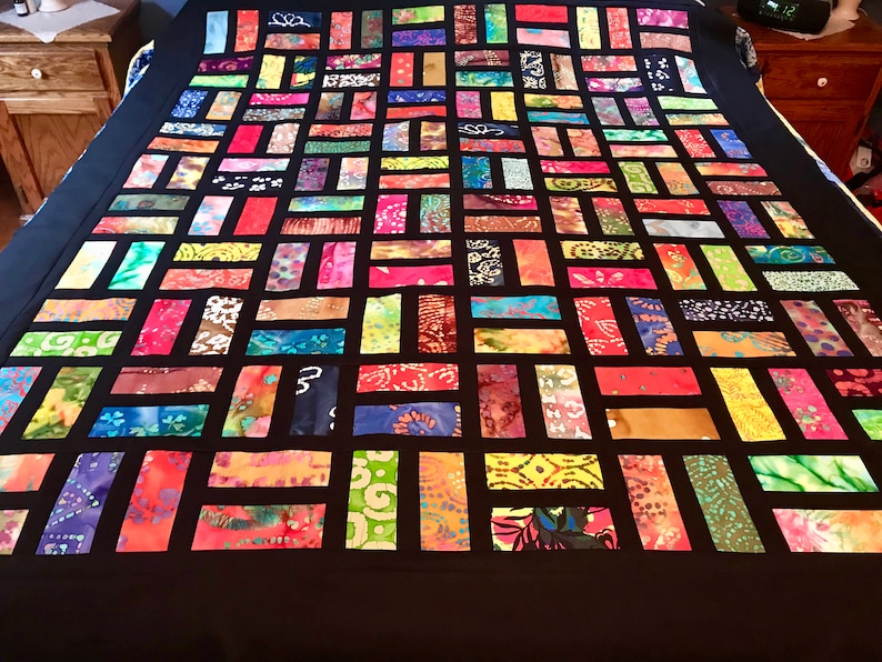 Batik Unfinished Quilt Top With Bold Multi-Color Batiks, Lap Quilt, 57 x 68, Pieced Quilt Top, Handmade Quilt Top image 1
