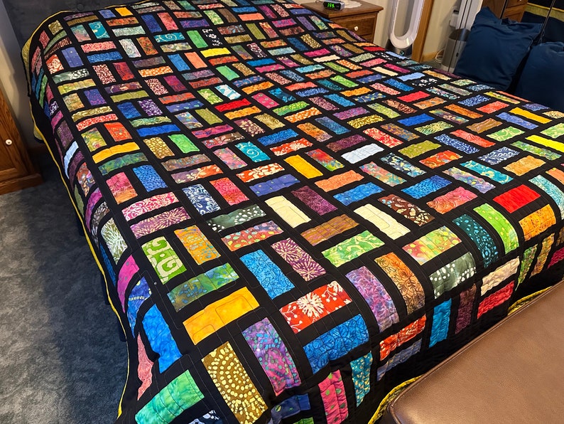 Handmade Full Size Quilt in Bold Multi-Color Batiks, 78 x 90, Homemade Quilts For Sale image 7