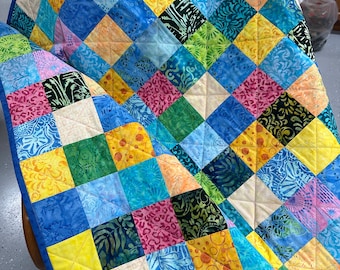 Handmade Patchwork Quilt, Multi-Color Batiks, 37" x 46", Quilts for Sale