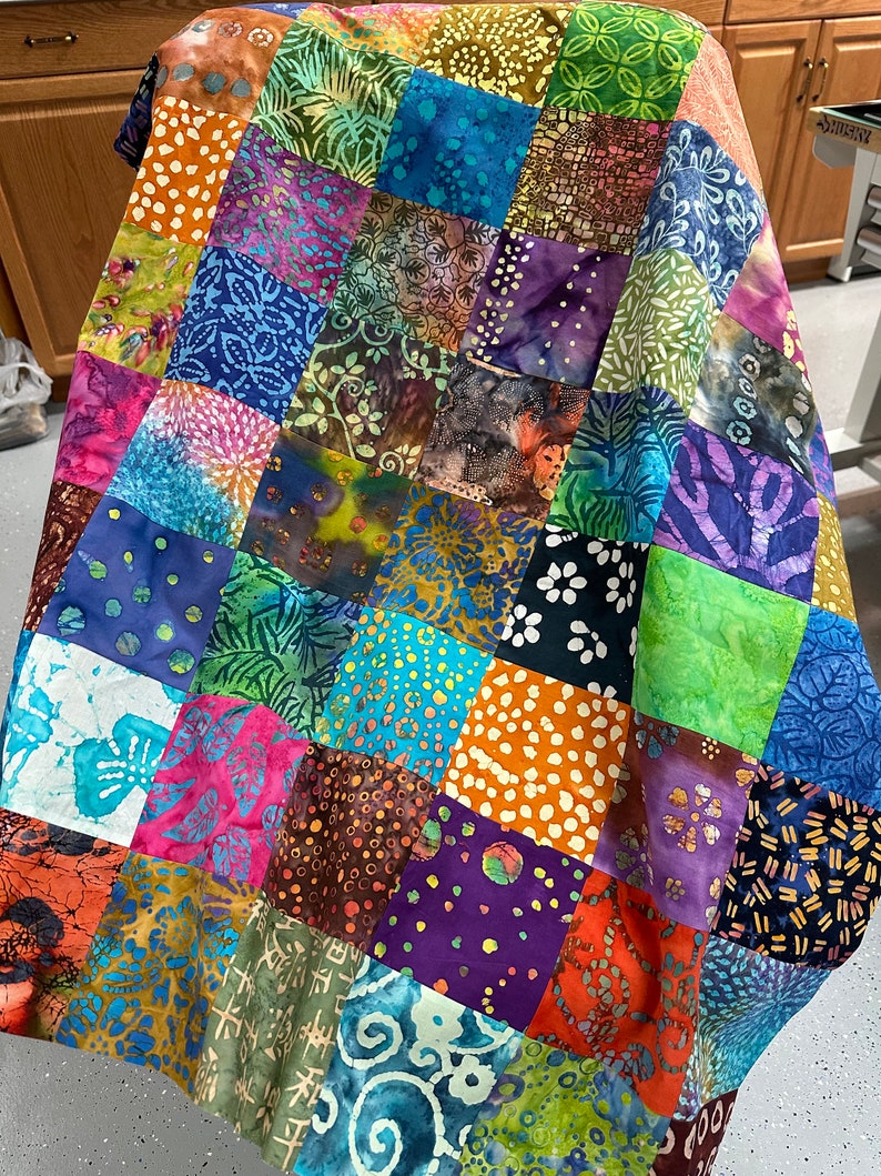 Handmade Batik Unfinished Quilt Top, Multi-Color, 36 x 45, Pieced Quilt Top image 1