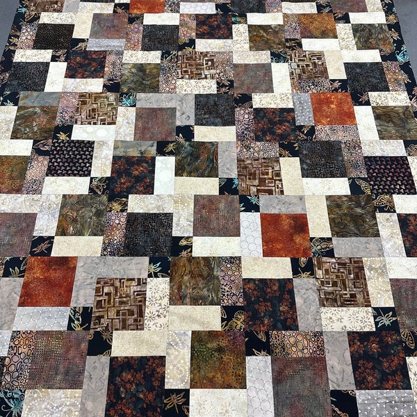 Unfinished Quilt Top, Black, Brown, Cream, 55" x 68", Handmade Quilt for Sale, Lap Quilt