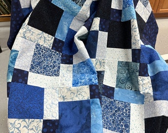 Unfinished Batik Quilt Top in Shades of Blue, 55" x 68", Ready to Finish, Lap Quilt