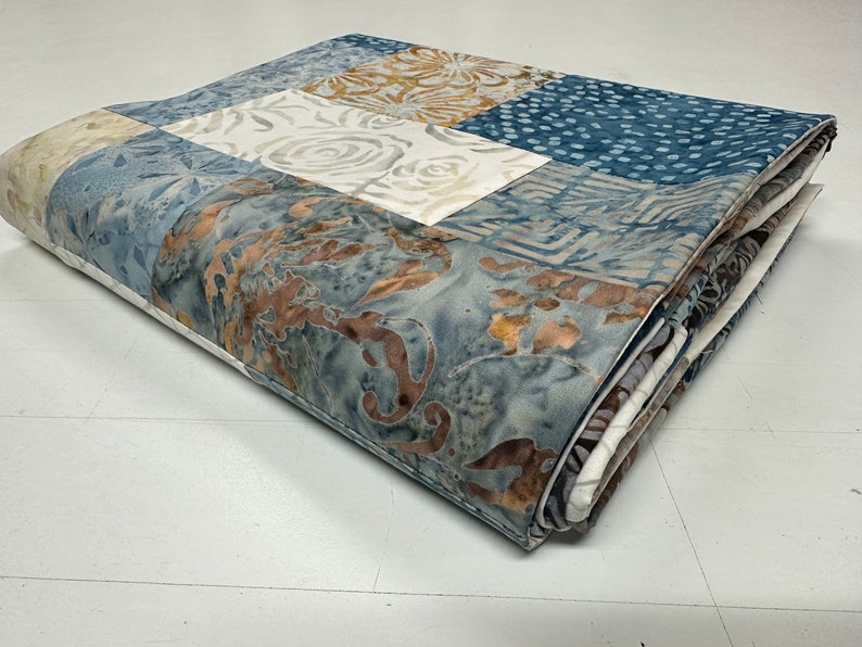 Queen Size Quilt Top, Blue Brown Batik Fabrics, 81 x 90, Unfinished Quilt Top image 6