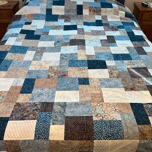 Queen Size Quilt Top, Blue Brown Batik Fabrics, 81 x 90, Unfinished Quilt Top image 1