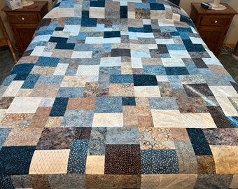 Queen Size Quilt Top, Blue Brown Batik Fabrics, 81" x 90", Unfinished Quilt Top