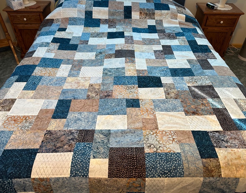 Queen Size Quilt Top, Blue Brown Batik Fabrics, 81 x 90, Unfinished Quilt Top image 1