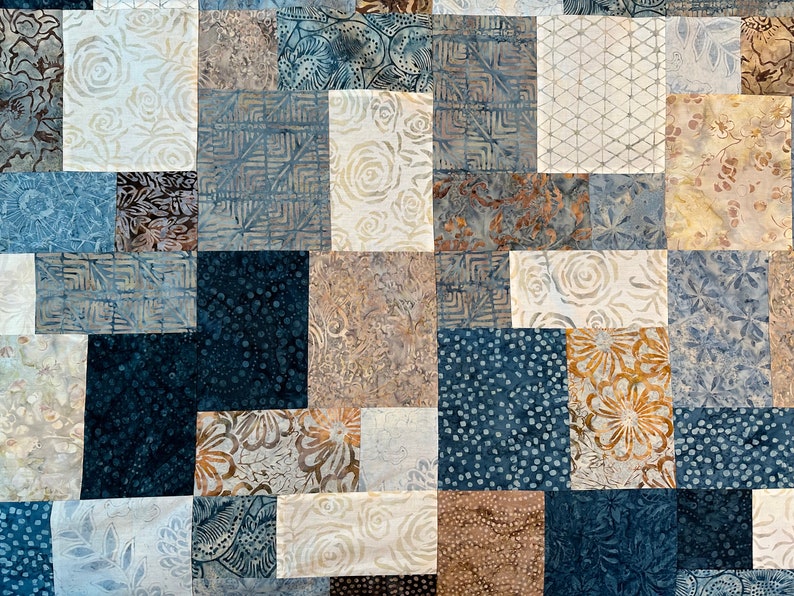 Queen Size Quilt Top, Blue Brown Batik Fabrics, 81 x 90, Unfinished Quilt Top image 7