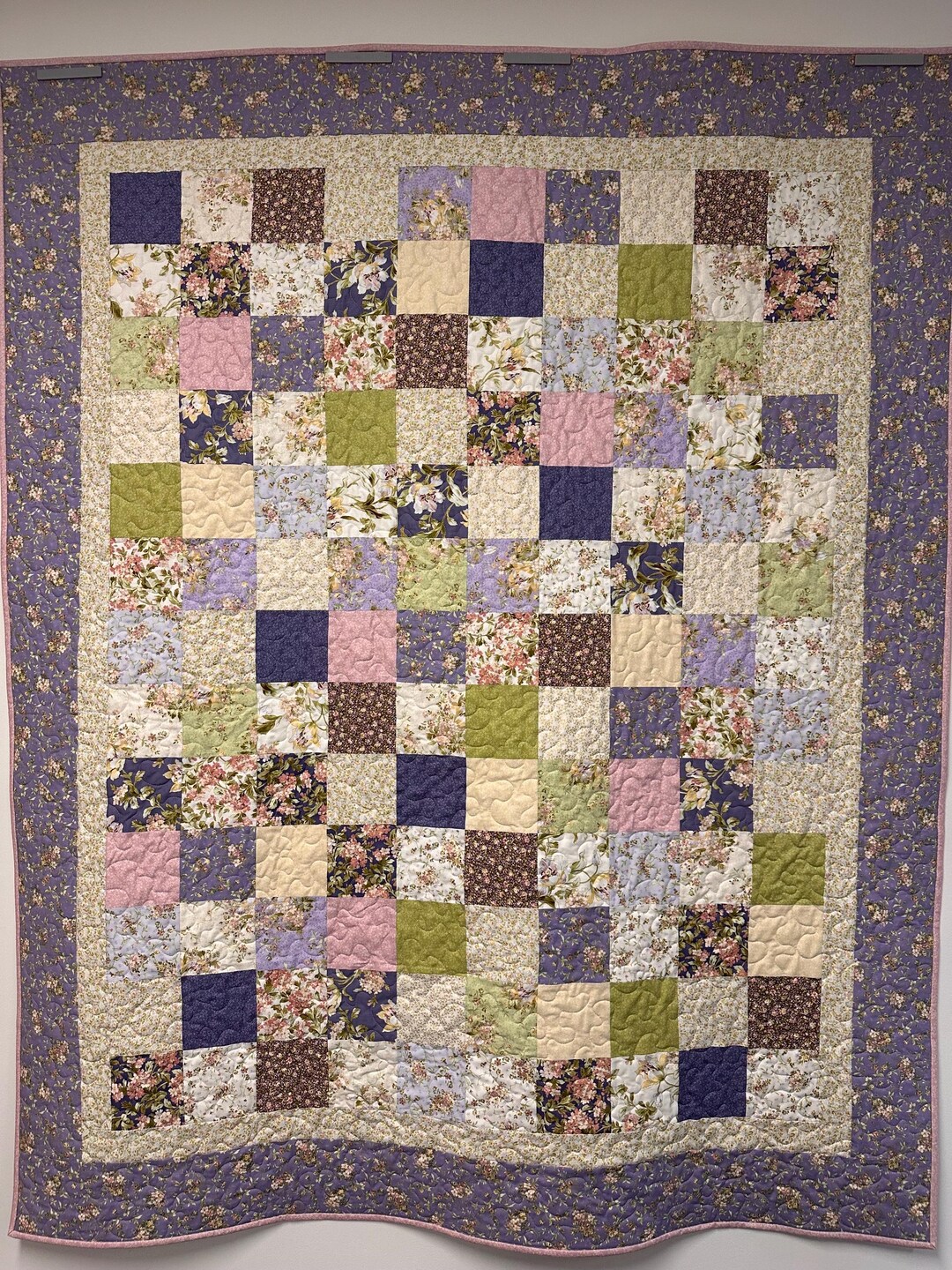 Handmade Patchwork Quilt: Purple Green Cotton Floral Couch Throw (59" X ...
