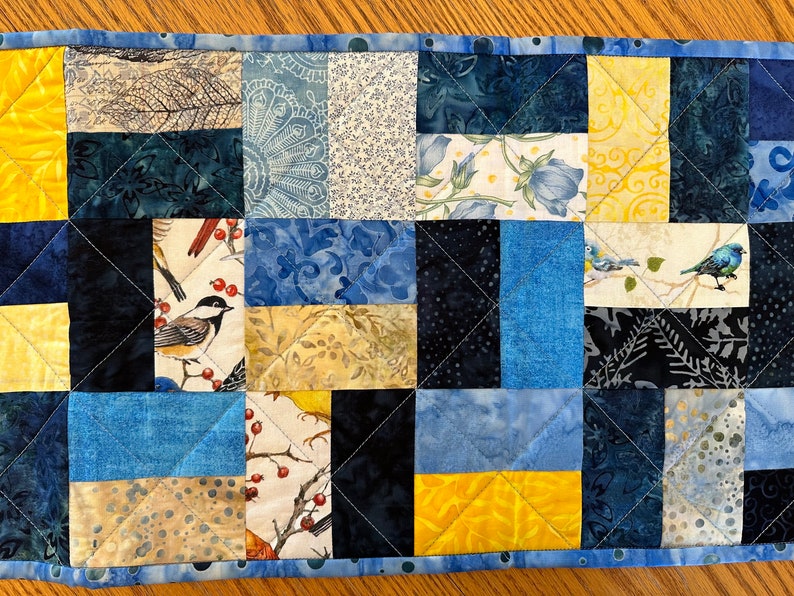 Quilted Table Runner, Blue Yellow, , 12" x 40", Handmade Custom Table Runner, Kitchen Decor, Housewarming Gift, Home Decor