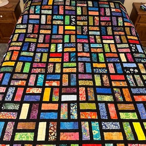 Handmade Full Size Quilt in Bold Multi-Color Batiks, 78 x 90, Homemade Quilts For Sale image 1