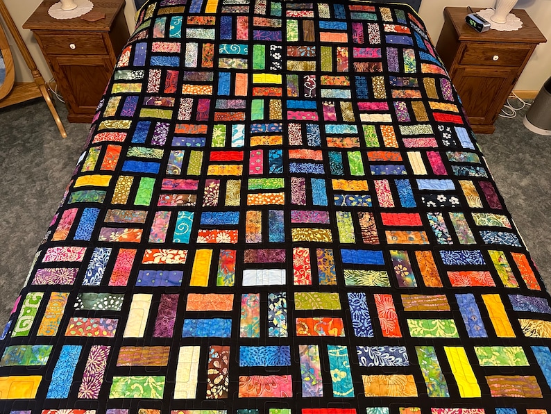 Handmade Full Size Quilt in Bold Multi-Color Batiks, 78 x 90, Homemade Quilts For Sale image 1