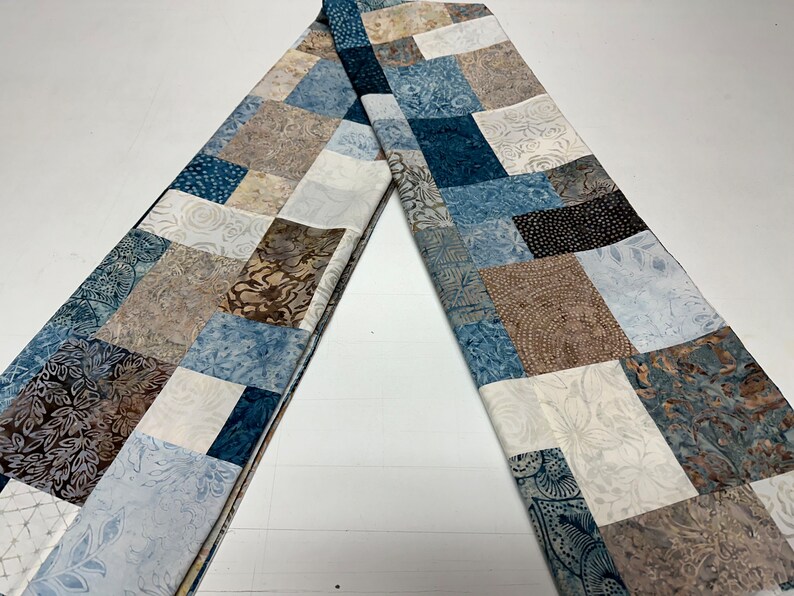 Queen Size Quilt Top, Blue Brown Batik Fabrics, 81 x 90, Unfinished Quilt Top image 5