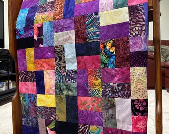Handmade Purple & Pink Batik Quilt Top, 36"x44", Lap Crib Quilt Size