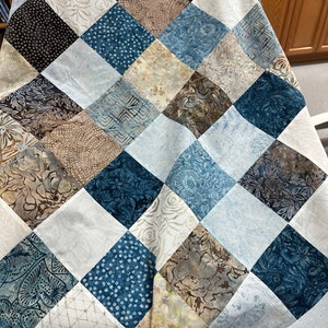 Handmade Quilt Top in Blues and Browns, 36 x 45, Ready to Finish image 1