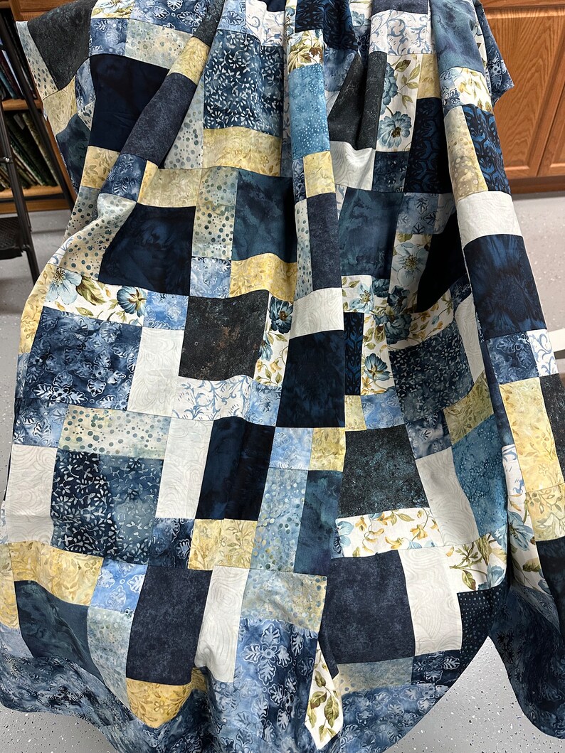 Unfinished Batik Quilt Top, Blue & Yellow, 55 x 68, Ready to Finish, Lap Quilt image 10