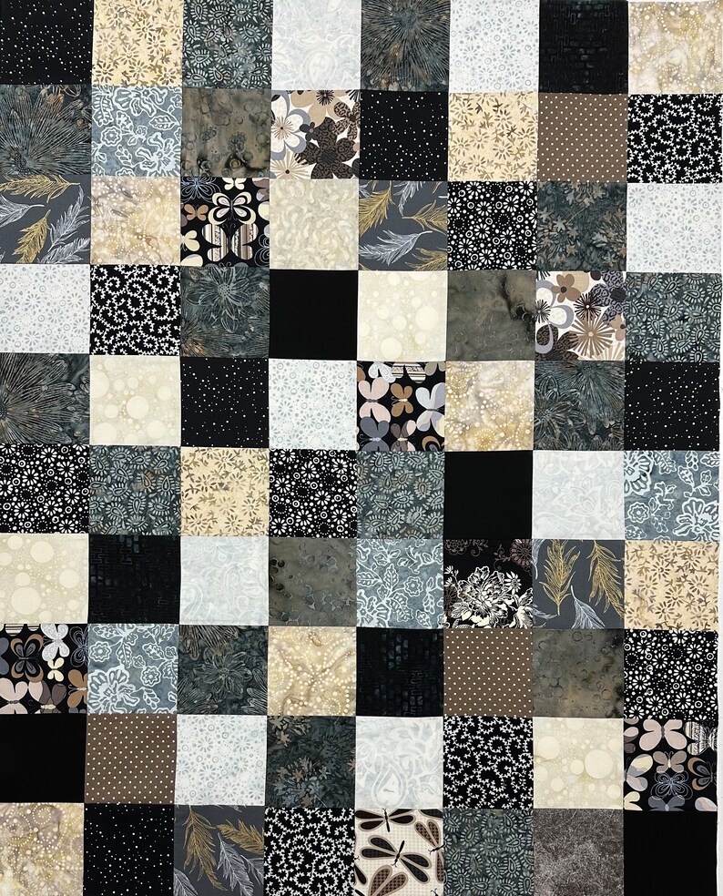 Handmade Quilt Top in Black Brown Tan, 36" x 45", Quilts for Sale, Unfinished Quilt Top