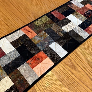 Quilted Table Runner, 12" x 40", Black Brown & Cream, Handmade Runner, Table Decor Centerpiece, Home Decor