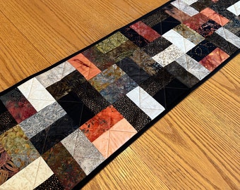 Quilted Table Runner, Black Brown & Cream, Handmade Runner, Table Decor Centerpiece, Home Decor, 12" x 40"