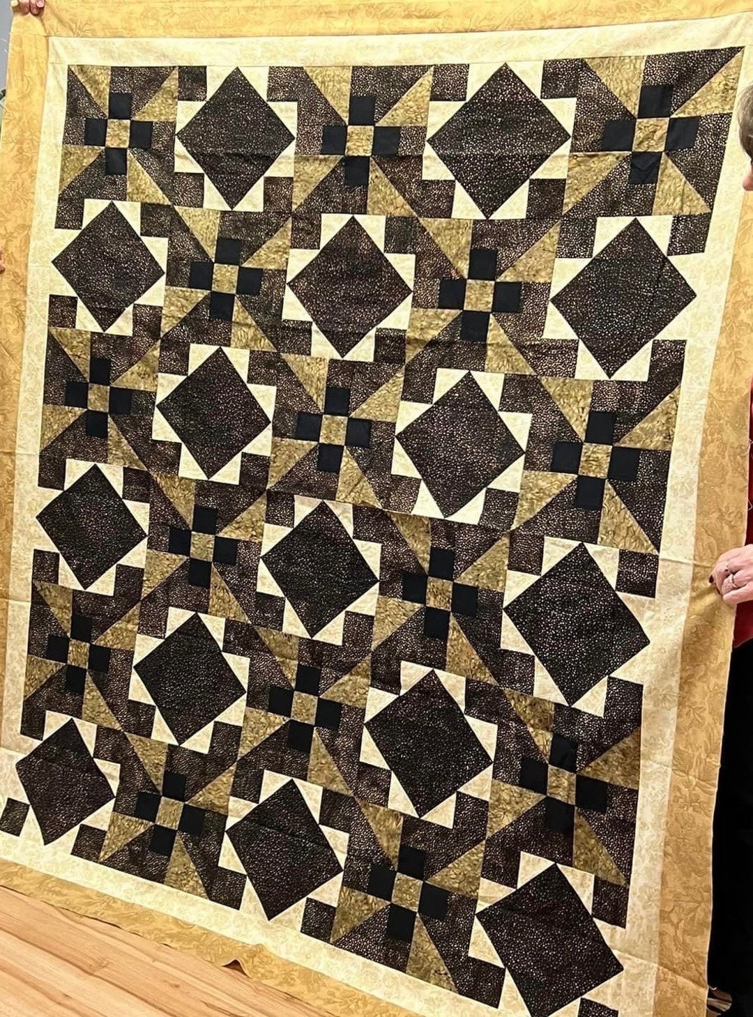 Handmade Patchwork Quilt Top: Black, Brown, Cream Floral Lap Throw ...