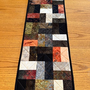 Quilted Table Runner, 12" x 40", Black Brown & Cream, Handmade Runner, Table Decor Centerpiece, Home Decor