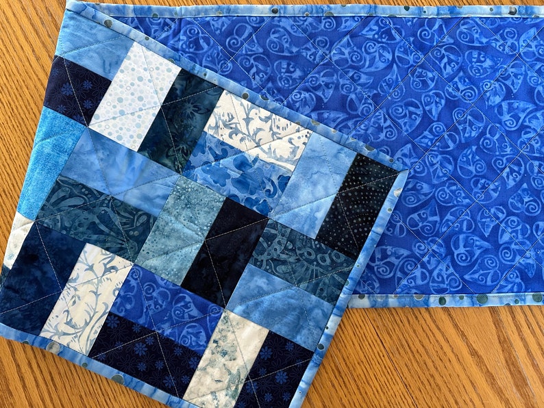 Quilted Table Runner, Blue, 12" x 40", Handmade Custom Table Runner, Housewarming Gift, Home Decor, Kitchen Decor