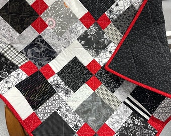 Handmade Patchwork Quilt, Black, Red & White, 33" x 46", Quilts for Sale, Throw Quilt