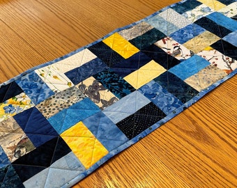 Quilted Table Runner, Blue Yellow, , 12" x 40", Handmade Custom Table Runner, Kitchen Decor, Housewarming Gift, Home Decor