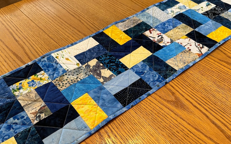 Quilted Table Runner, Blue Yellow, , 12" x 40" Handmade Custom Table Runner, Kitchen Decor, Housewarming Gift, Home Decor