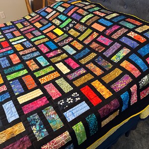 Handmade Full Size Quilt in Bold Multi-Color Batiks, 78 x 90, Homemade Quilts For Sale image 2