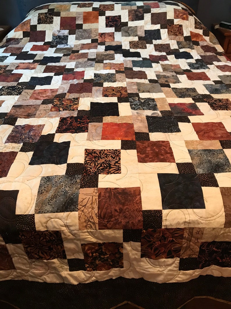 Handmade Queen Size Patchwork Quilt in Black Brown & Cream Etsy