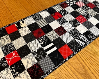 Quilted Table Runner, Black and Red, 12" x 40", Handmade Table Topper