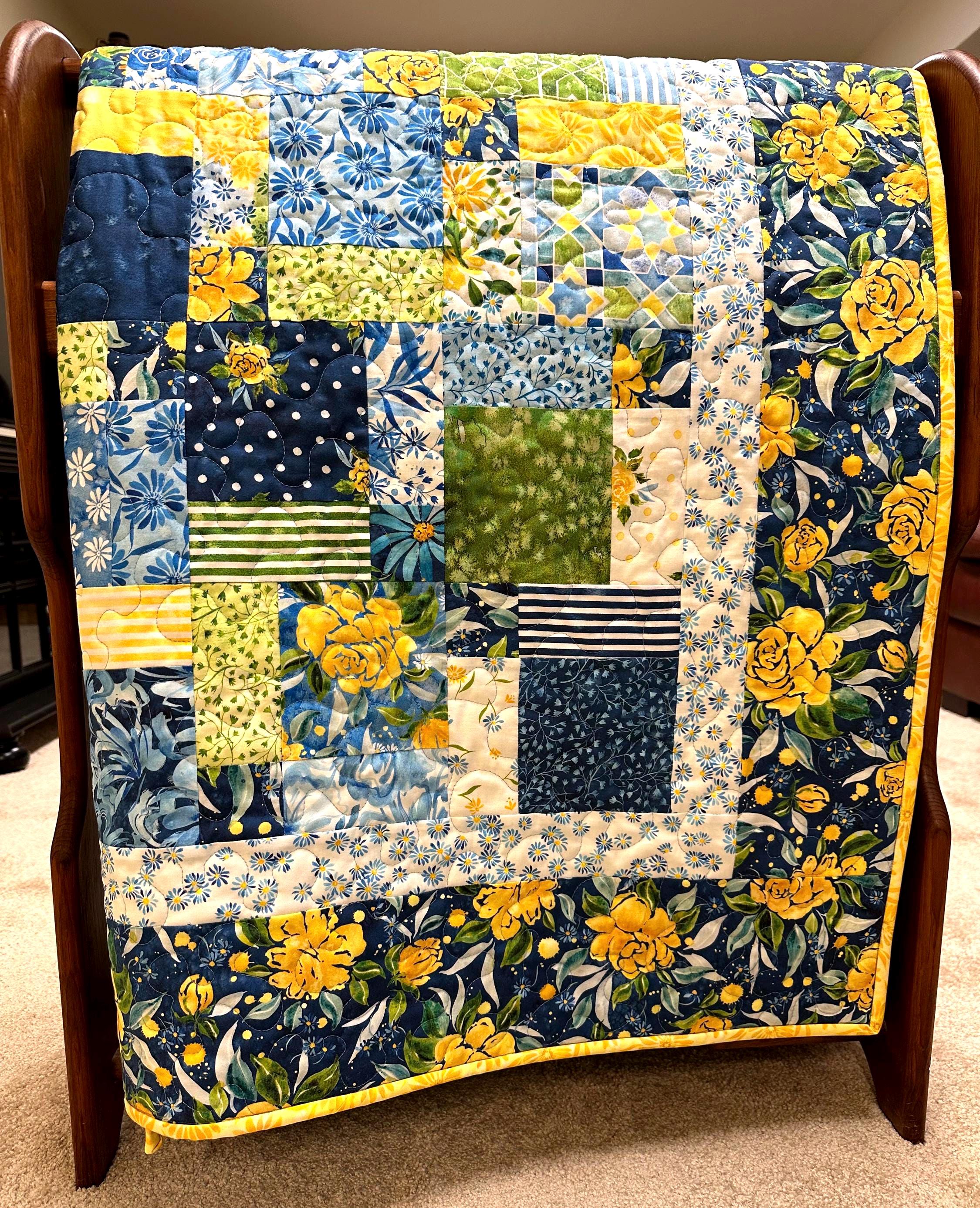 Handmade Patchwork Quilt: Sunshine Blue Skies Floral Cotton Throw 59x72 ...