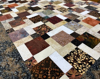 Handmade Unfinished Quilt Top in Black, Brown, & Beige, 55" x 68", Quilt Tops for Sale