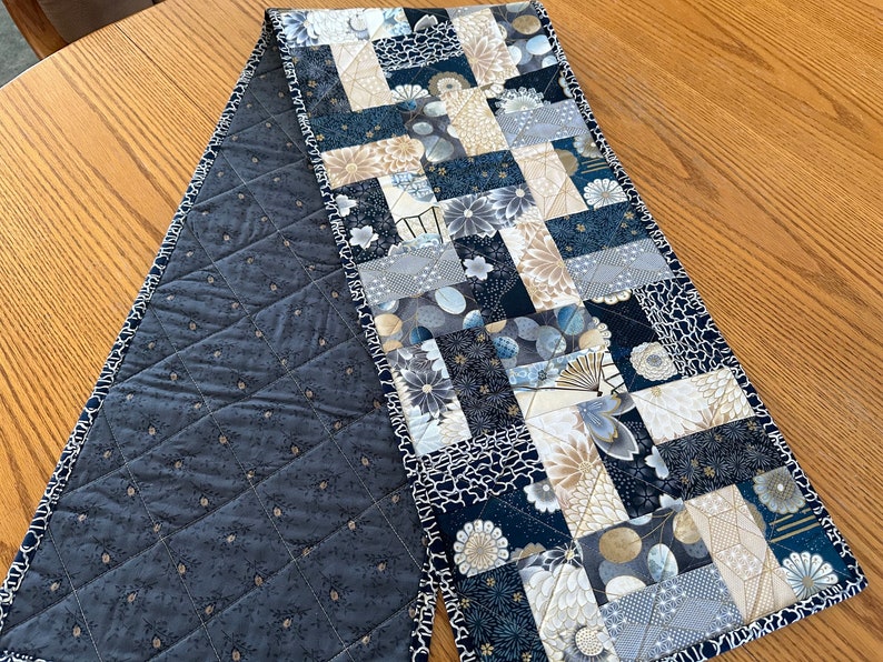 Custom Table Runner, Navy Blue & Cream, 12" x 60", Handmade Quilted Table Runner, Home Decor, Kitchen Decor, Housewarming Gift