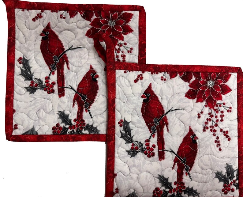 Christmas Cardinal Quilted Pot Holders, Set of 2, Handmade Pot Pads, Housewarming Gift image 7