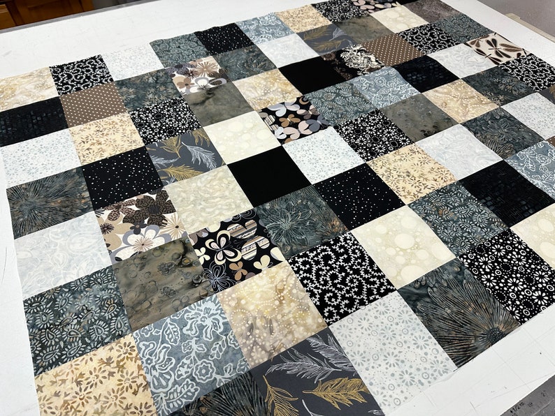 Handmade Quilt Top in Black Brown Tan, 36" x 45", Quilts for Sale, Unfinished Quilt Top