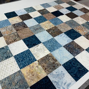 Handmade Quilt Top in Blues and Browns, 36 x 45, Ready to Finish image 3