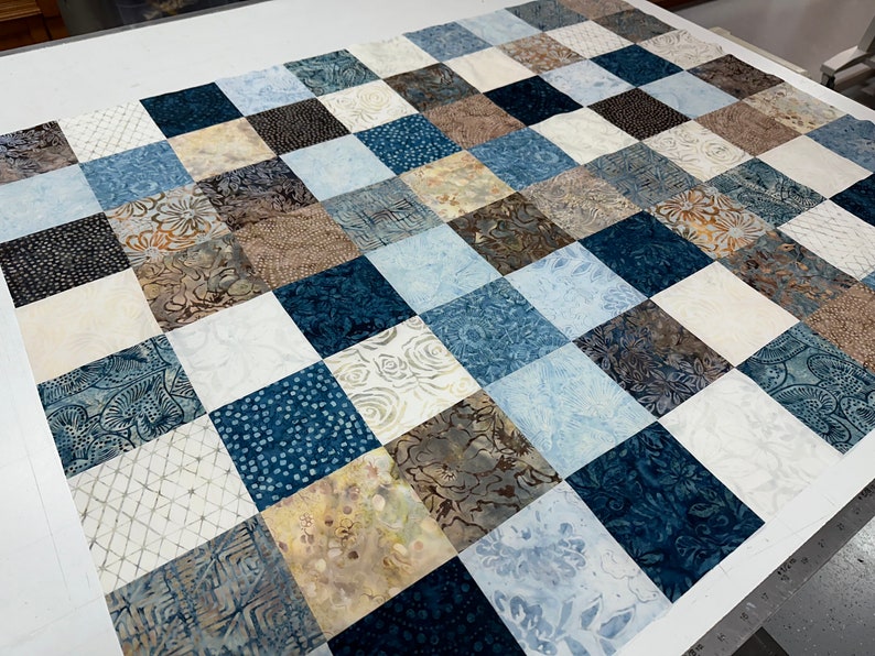 Handmade Quilt Top in Blues and Browns, 36 x 45, Ready to Finish image 3