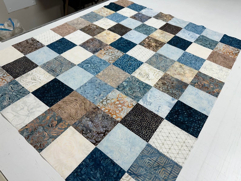 Unfinished Quilt Top in Blue and Brown Batiks, 36 x 45, Ready to Finish image 9