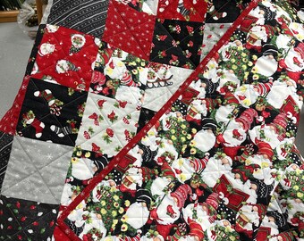 Lap Size Christmas Quilt, Gnomes, 55" x 64", Homemade Quilts for Sale, Sofa Throw