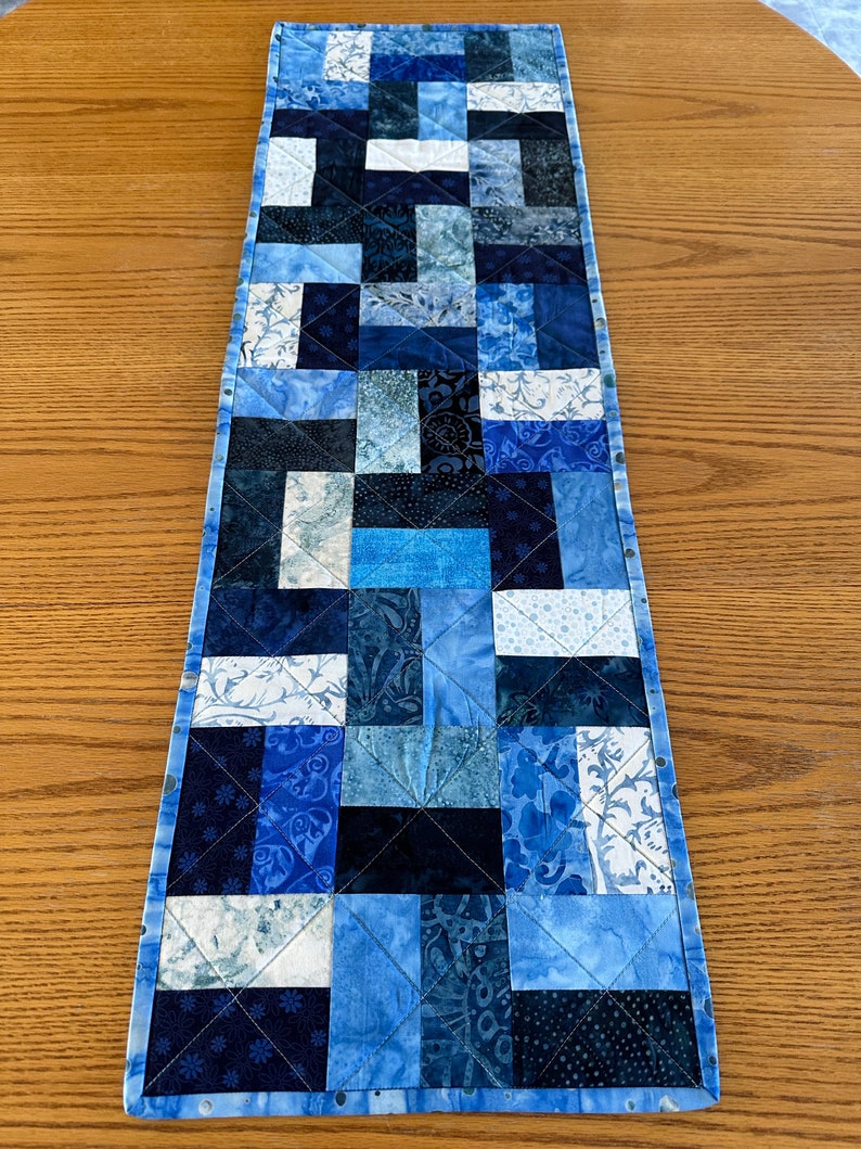 Quilted Table Runner, Blue, 12" x 40", Handmade Custom Table Runner, Housewarming Gift, Home Decor, Kitchen Decor