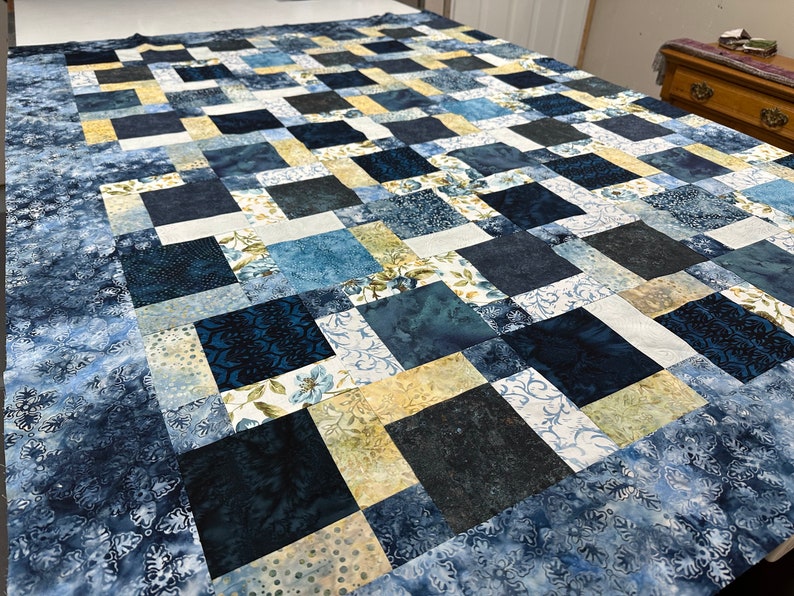 Unfinished Batik Quilt Top, Blue & Yellow, 55 x 68, Ready to Finish, Lap Quilt image 9